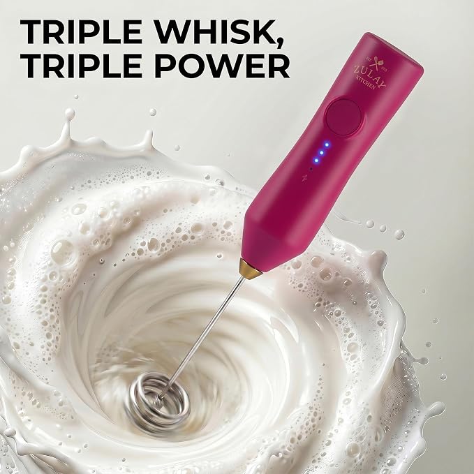 Zulay Kitchen Rechargeable Milk Frother Handheld - Frother Wand, Drink Mixer, Electric Whisk Frother, for Cappuccinos, Matcha & Protein Powder - Dynamic Triple Whisk, 3 Speed 500mAh Dragonfruit Gold