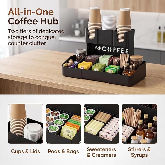 Expandable 2 Tier Coffee Station Organizer, Coffee Bar Organizer with 11 Compartments & Cup Holder Rack, Coffee Pod Holder for K Cups, Tea Bags, Sugar Packets, Countertop Coffee Accessories Storage