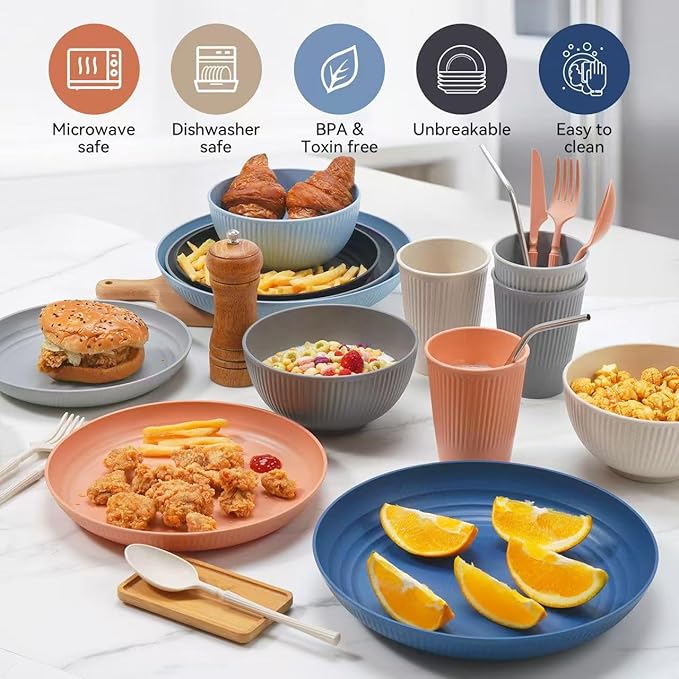 Wheat Straw Dinnerware Sets,64-Piece Plates and Bowls Sets for 8-Unbreakable,Reusable Plastic Dish Set-Dinner Plate/Dessert Plate/Cereal Bowl/Cup/Utensils-Microwave Dishwasher Safe 64P-Profound Gray