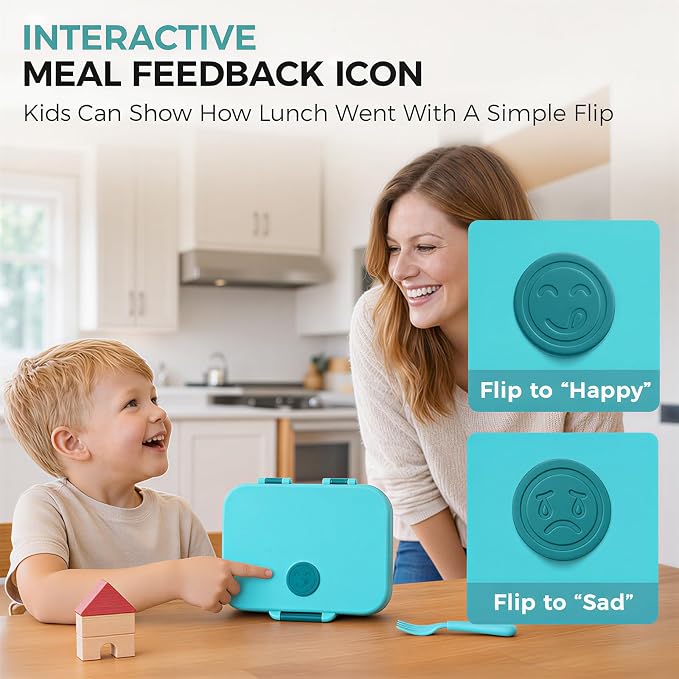 Kids Stainless Steel Bento Lunch Box, 4 Compartments | Leak-Resistant 4 Cups Lunch Container for Ages 4+ with Easy-Open Latch, Removable Seal & Meal Feedback Icon