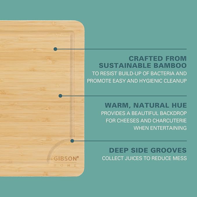 Gibson Home Forestview 2-Piece Bamboo Cutting Board Set – 15" & 12" Wooden Durable Kitchen Chopping Carving Boards with Juice Grooves, Oil Finished