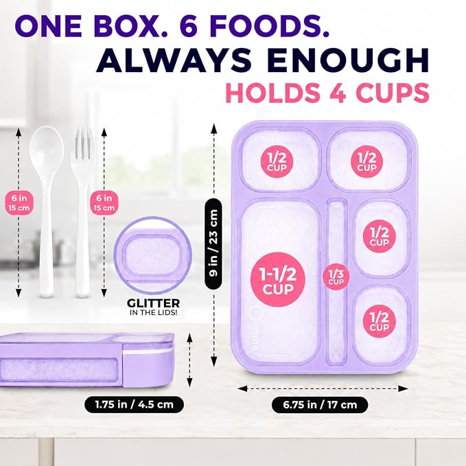 kinsho Glitter Lunch Box Bento-Boxes for Girls, Meal and Snack Containers for Toddler Daycare, School, Travel, 6 Divided Sections, Cute Bentobox, Leak-Resistant, Utensils, Purple Lilac Sparkle