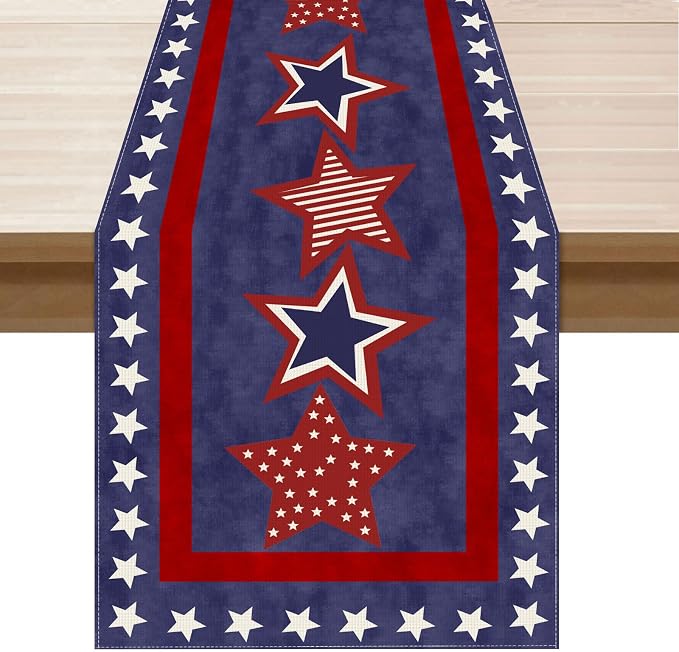 XCHI Blue Patriotic Red White Stars America 4th of July Memorial Day Independence Day Table Runner Decoration for Home Kitchen Holiday Party 13x48 Inch