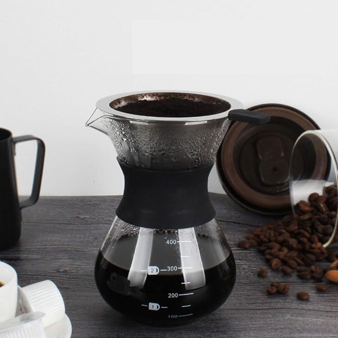 Joyzan Pour Over Coffee Maker, High-Heat Paperless Glass Drip Dripper 400ML | Brewer Carafe with Reusable Stainless Steel Filter Scale Line Paperless Removable Portable Pot Set Clear Camping Hiking