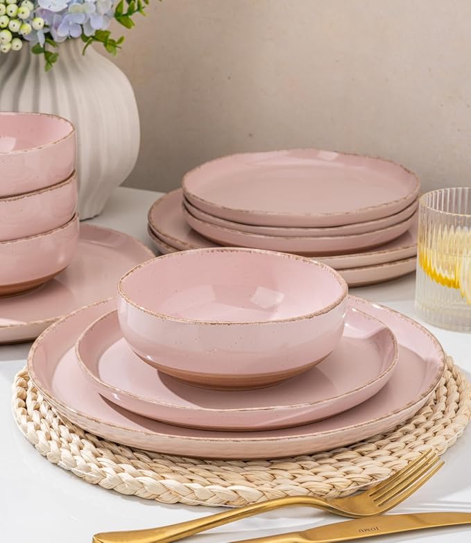 AmorArc Dinnerware Sets for 4, 12 Pieces Ceramic Plates and Bowls Set | Scratch Resistant Stoneware Dishes Set, Dishwasher & Microwave Safe, Cloud Pink
