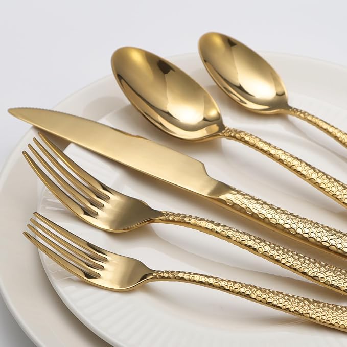 Gold Hammered Silverware Set, 20 Piece Stainless Steel Flatware Set for 4, Food-Grade Tableware Cutlery Set for Home Restaurant, Mirror Polished, Dishwasher Safe