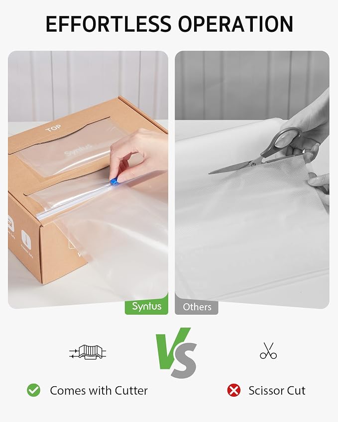 Syntus 11" x 100' and 8" x 100' Vacuum Sealer Bag for Food Roll with Cutter | BPA Free, Sous Vide Microwave Freezer Safe, Custom Size, Effortless and Precise Cutting, Works with All Vacuum Sealers