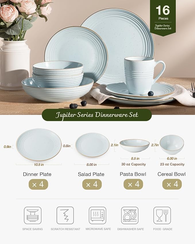 Famiware Jupiter Stoneware Dinnerware Sets with Pasta Bowls, Dishes for 4 | 16 pcs Speckled Plates and Double Bowls with Rim, Chip & Scratch Resistant, Microwave & Dishwasher Safe, Modern Neutral Blue