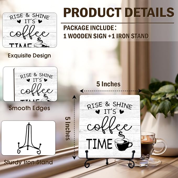 Minimalism Coffee Bar Decor, 5"x5" Coffee Bar Sign | Rise & Shine It's Coffee Time Wood Plaque with Stand | Funny Gift for Home Kitchen Tabletop Desk - A09
