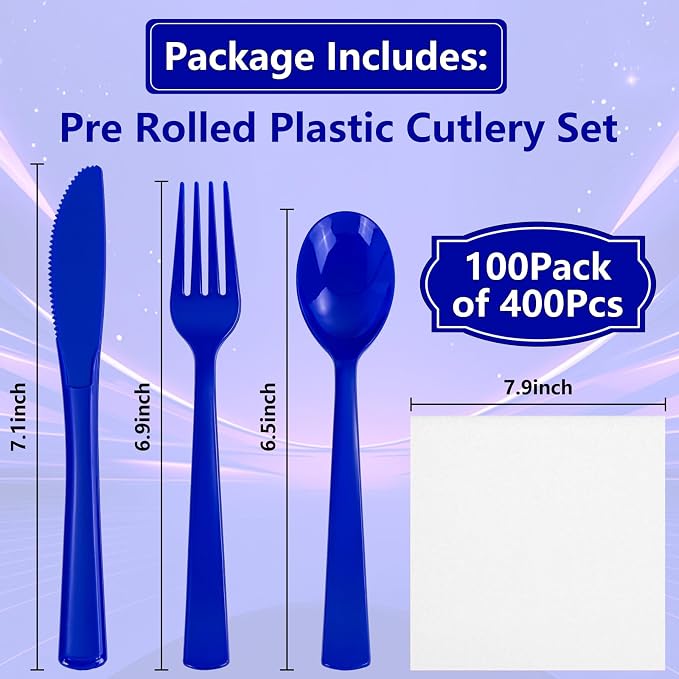 400PCS Pre Rolled Blue Plastic Silverware Set Heavy Duty for Wedding | Individually Wrapped Utensils, 100 Guests, Durable and Sturdy, BPA free, Includes Matching Napkins, for Festive Events
