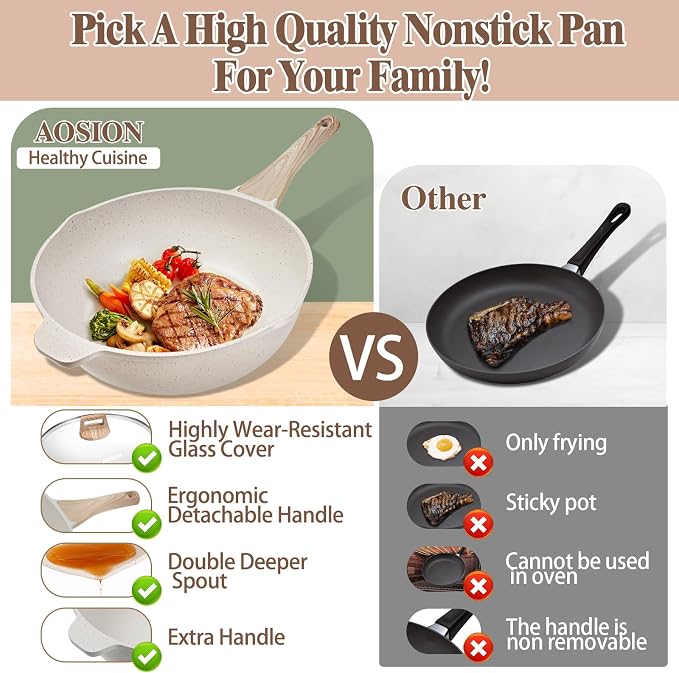 AOSION 11 Inch Nonstick Ceramic Deep Frying Pan with Lid & Steam Rack, 5QT Sauté Pan, Large Ceramic Skillet,Stay Cool Handle, Induction Compatible, PFOA & PFAS Free,white.