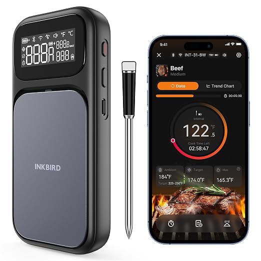 INKBIRD WiFi 5G Wireless Meat Thermometer Digital, 4 Sensor Smart Bluetooth Digital Food Thermometer, NIST Approved Accuracy 0.5°F, Temp Alarms for Rotisserie Air Fryer Sous Vide Grill Oven BBQ