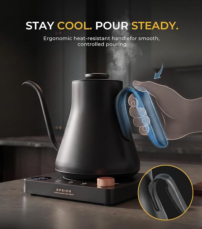 Epeios Gooseneck Electric Kettle Temperature Control,1200W,0.9L,Matte Black | Rapid Heating, for Pour Over Coffee & Tea,Hot water Boiler,Brew Timer, 304 Stainless Steel Interior, Auto Shut-Off