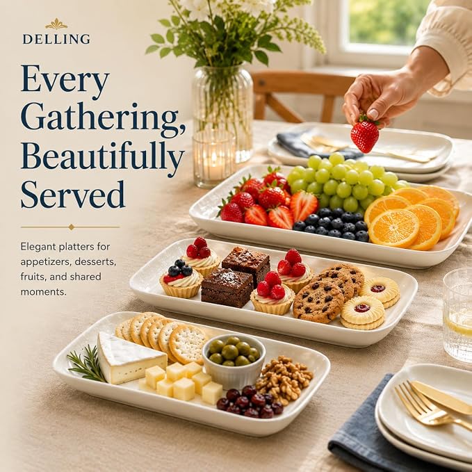 DELLING Large Serving Platter Set of 3, 16/14/12 Inch Porcelain Serving Trays for Party - White Ceramic Rectangular Platters for Entertaining, Appetizer Fruit Tray for Gethering Shower Dinner