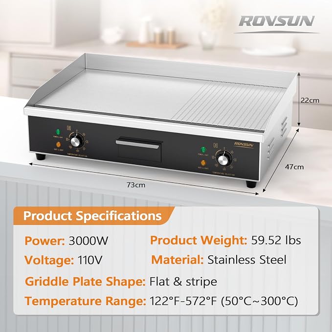ROVSUN 30" Electric Griddle, Electric Countertop with Half Flat Top Griddle, 3000W Grill Stainless Steel with Adjustable Temperature Control 122°F-572°F for Commercial Home Restaurant, Plug