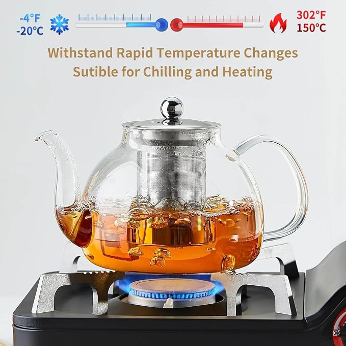 DOPUDO Glass Teapot with Infuser 60OZ (1800ml) Stovetop Safe, Clear Glass Tea Pot Kettle, Borosilicate Tea Pot with Infusers Filter for Loose Tea, Tea Kettle Dishwasher Safe