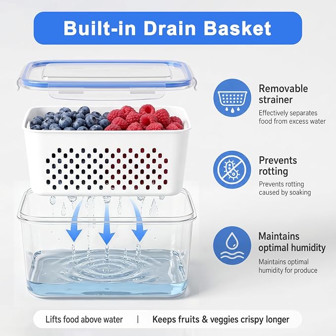 Produce Storage Containers 3-Pack – Colander Basket, Airtight for Fridge/Meal Prep