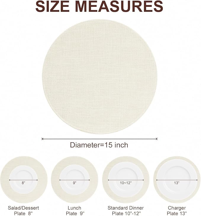 Cotton Linen 15 Inch Round Cloth Place mats, Set of 4, Cream | Washable Table Mats, Heat Resistant, Reversible, Wipeable Place Mats for Indoor Outdoor