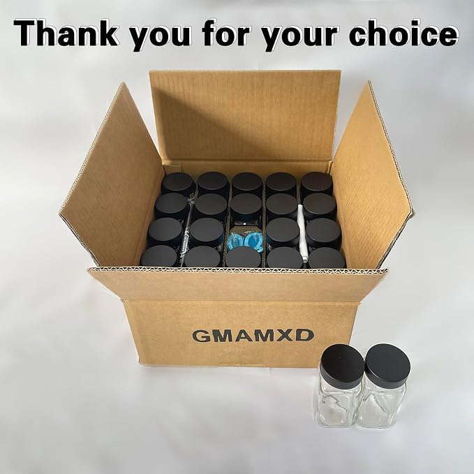 24 Glass Spice Jars with Labels, 4oz Spice Containers with Airtight Lids | Black Square Seasoning Containers with Shaker Lids, Empty Spice Bottles for Rack, Kitchen Drawer, 492 Labels, 1 Funnel