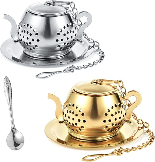 2 Pack Tea Infusers with Spoon, Loose Leaf Tea Strainer, Teapot Design | Cute Teapot Design, 304 Stainless Steel, Spoon Included for Loose Leaf Tea and Tea Lover Gifts