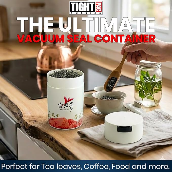 Teavac 6-Ounce Vacuum Sealed Tea Storage Container, White Cap and Body/Red Tea Sign