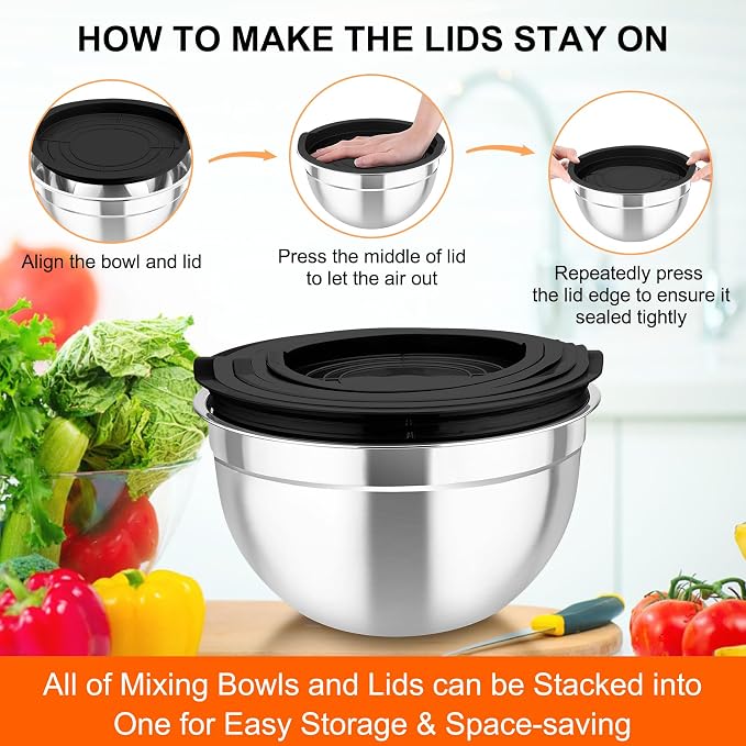 TeamFar Mixing Bowls with Lids, 5PCS Stainless Steel Metal Salad Bowl | with lids & 3 Grater Attachments, for Cooking/Prepping/Serving, Airtight Lids & Easy Clean - 0.7/1/1.5/2.6/4.6QT, Black