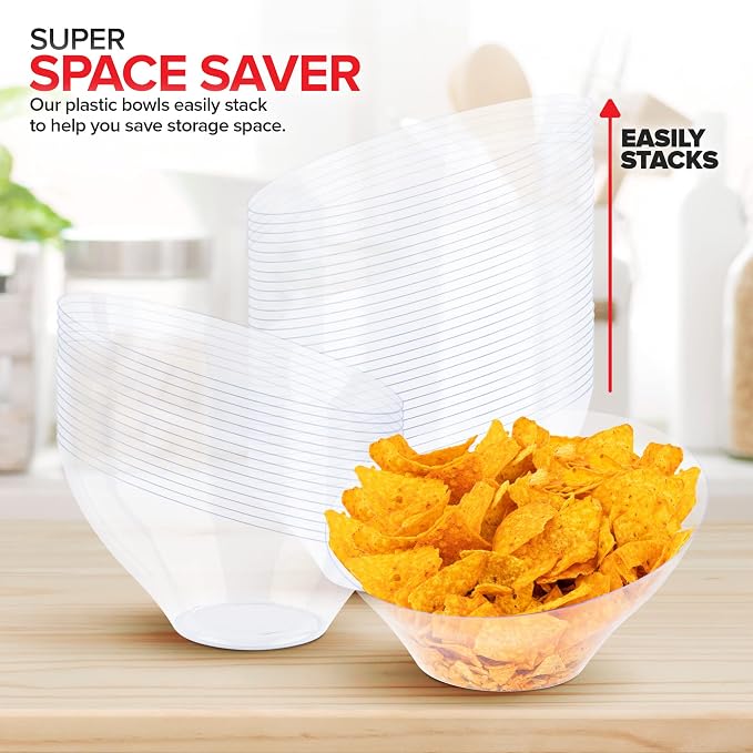 54oz Clear Plastic Serving Bowls (4 Pack) Large Disposable Candy Dishes, Buffet Containers for Chips, Popcorn, Snacks, Punch, Salad Bar, Snack Bowl, Parties, Office Desk, Bridal Shower, Party Supplies
