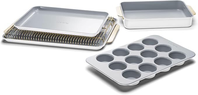 Caraway Nonstick Ceramic Bakeware Set (5 Pieces) - Baking Sheets, Assorted Baking Pans & Storage - Aluminized Steel Body - Non Toxic, PTFE & PFOA Free - White | Baking Sheets, Assorted Baking Pans and Storage, Aluminized Steel Body, Non-Toxic, PTFE and...