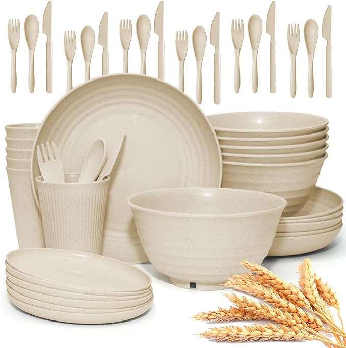 SHECIPIN 42-Piece Wheat Straw Dinnerware Set, Large Round Plates, Bowls and Cups, Unbreakable dish set, Dishwasher and Microwave Safe, Outdoor Dishes (Beige)