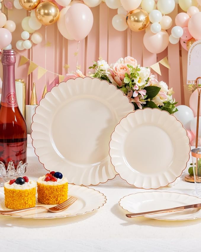 YOUBET 175PCS Ivory Scalloped Plastic Plates with Rose Gold Rim for Party | Rose Gold Disposable Dinnerware Set Include 50 Plates, 75 Rose Gold Silverware, 25 Cups, 25 Napkins for Wedding Baby Shower