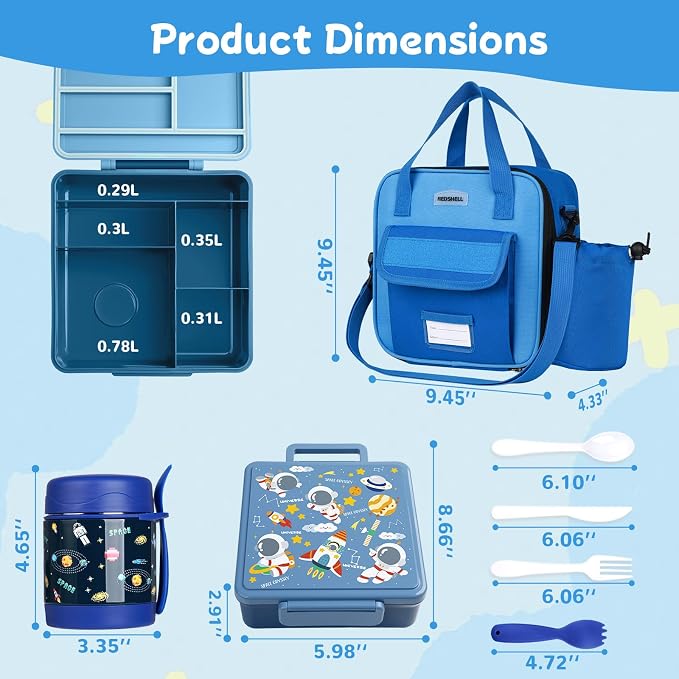 REDSHELL Kids Bento Lunch Box Set, Insulated Lunch Bag for Boys, Dark Blue | Toddler 5-Compartment Lunchbox, Leakproof Food Jar, Snack Container, School Daycare, Bottle Holder, Adjustable Shoulder Strap