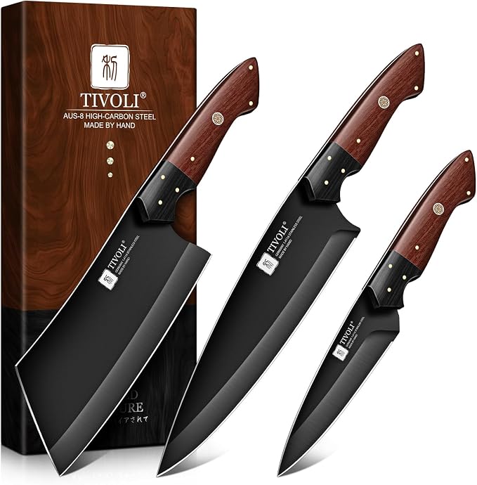 TIVOLI Kitchen Knife Set 3pcs - Chef Knife Set with Full Tang Wooden Handle | German High-carbon Steel, Full Tang, Ergonomic Walnut Handle, Gift Box, Dual-Tech Black Shield