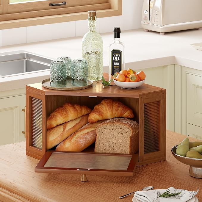 WOWLIVE Corner Bread Box, Bamboo Bread Storage with Acrylic Wavy Door | Breadbox for Kitchen Countertop, Large Farmhouse Bread Holder for Homemade Bread, Multi-functional Container, Caramel