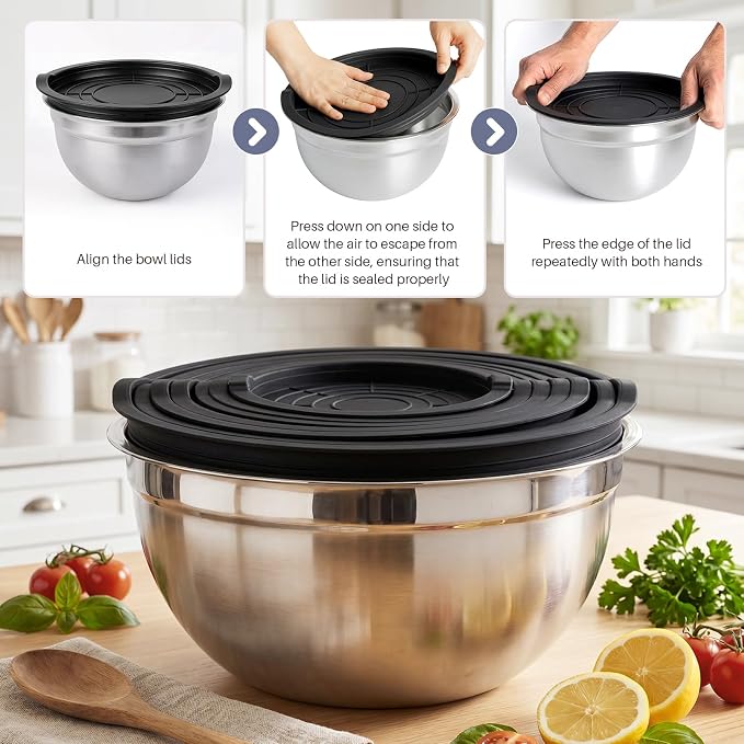 7PCS Stainless Steel Mixing Bowls, Airtight Lid Storage Set | Stackable Nesting Design Suitable For Mixing, Baking, Food Prep, Salad Serving And Refrigerator Storage. Dishwasher Safe.