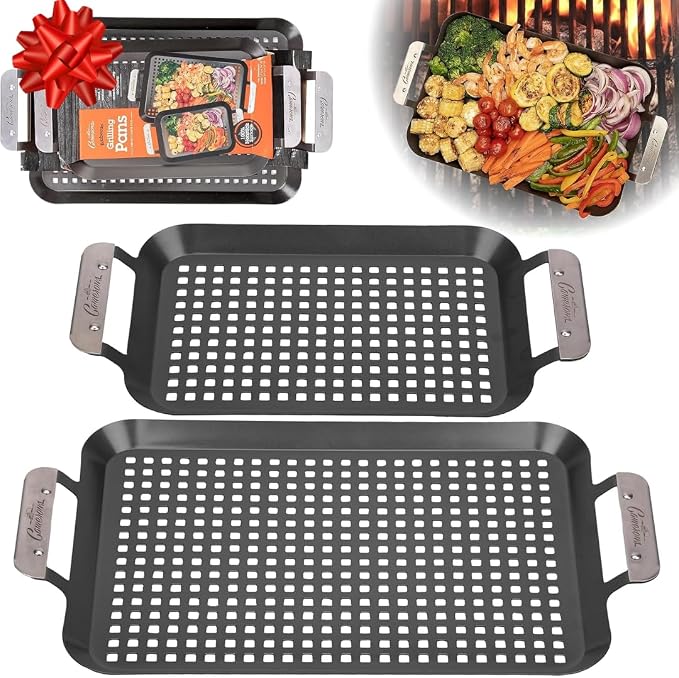 Camerons BBQ Grill Topper Non-Stick Grilling Pans, 2 Pack | Barbecue Trays with Stainless Steel Handles, Indoor Outdoor Use for BBQ Smoked Meat, Veggies & Seafood, Grilling Gift for Men