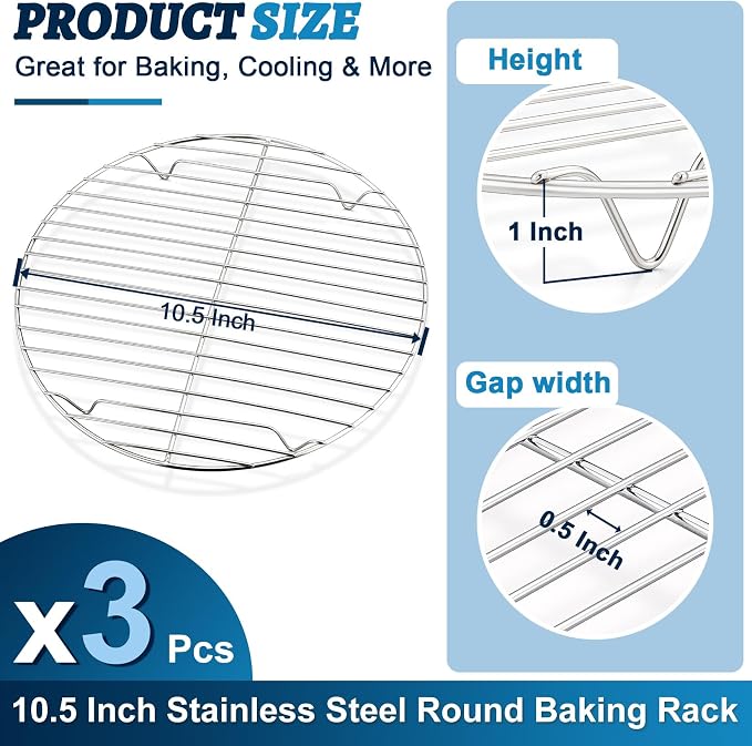 P&P CHEF Round Cooking Rack, Cooling Rack for Steamer, 10.5”, Silver | 3 Pack Stainless Steel Baking Rack for Grilling Roasting, Fits Air Fryer, Canning Pot, Oven & Dishwasher Safe, Non-toxic