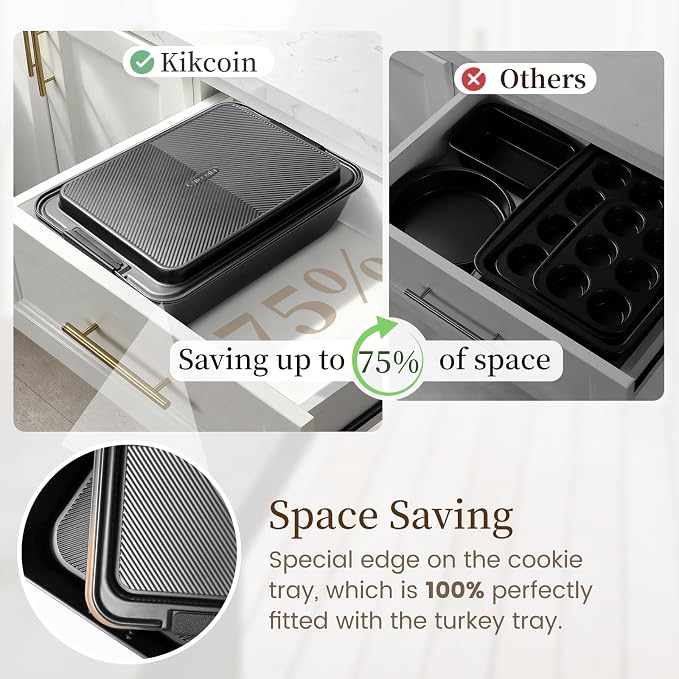Kikcoin 25-Piece Nonstick Baking Pans Set with Large Turkey Roasting Pan, Stackable Bakeware Set, 450°F Oven Safe Baking Sheet Set with Silicone Handles, Carbon Steel Cookie Sheets for Baking, Black