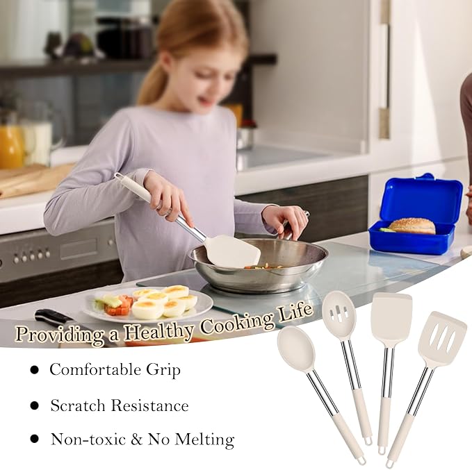 TeamFar Kitchen Utensils, 4 PCS Silicone Cooking Utensils Spatula Spoon Set | with Stainless Steel Handle, for Frying Mixing Draining Turning, Healthy & Heat-proof, Non-stick & Dishwasher Safe - Khaki
