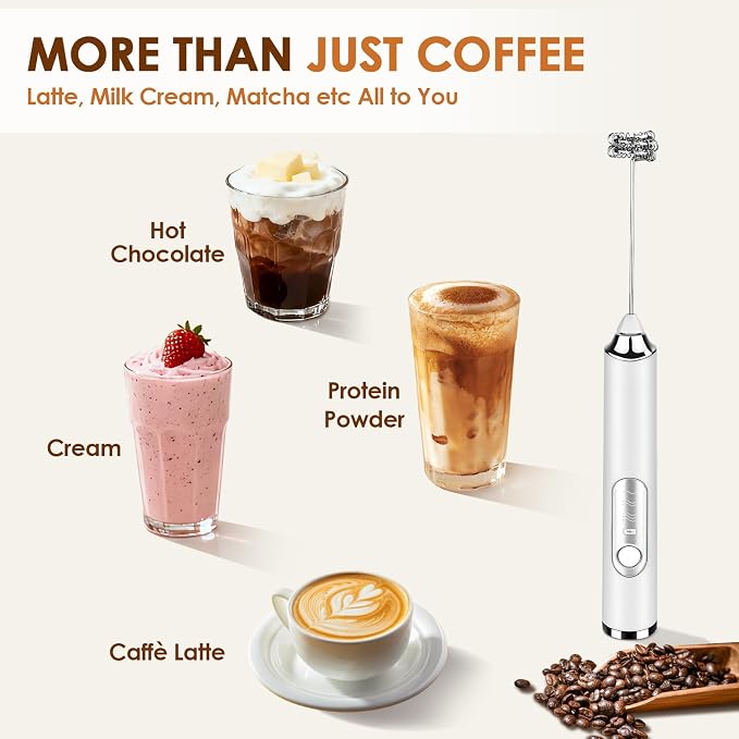 Handheld Milk Frother, Rechargeable Milk Frother, Coffee Mixer Wand, White | Electric Drink Mixer with 2 Stainless Steel Whisks 3 Speeds, Frother Wand for Latte, Cappuccino, Matcha, Hot Chocolate, Egg