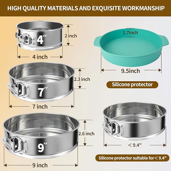4-7-9 Inch Stainless Steel Springform Cheesecake Pan Set of 3 | Food Grade, FDA Food Contact Safe, Dishwasher Safe, Removable Bottom, Comes with Parchment Paper & Silicone Base Protector