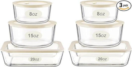 Glass Food Container Set with Glass Lid, 6 Pack, Food Storage Containers Set, Airtight, LeakProof, Micowave Safe, 100% Plastic Free, Meal Prep Containers (White Color)