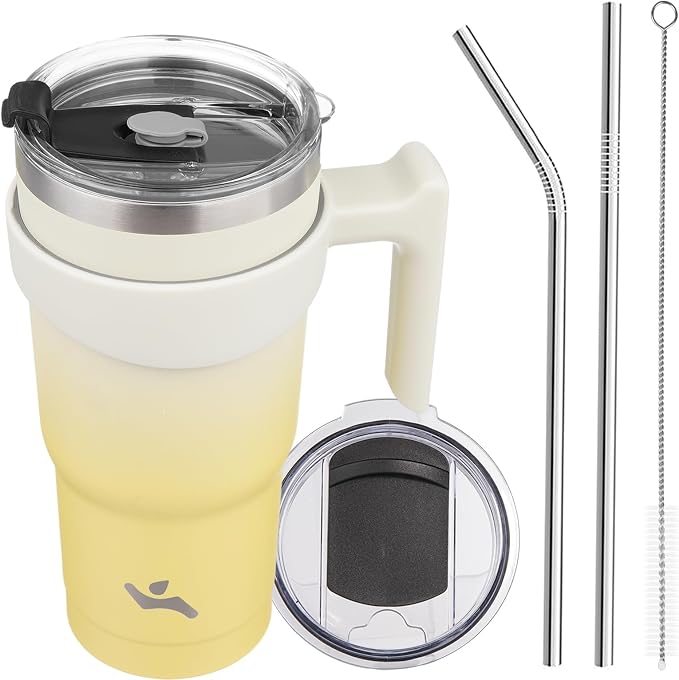 Konokyo 20 oz Tumbler with Handle and Straw, Insulated Travel Mug | Lemon; BPA-free, leak-proof tumbler with 2 lids, 2 straws, cup holder fit for coffee, office, travel & daily use