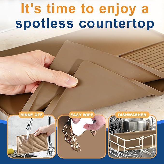 Mrcrypos Silicone Coffee Station Mat with Rasied Edges 16x24 Inch, Brown | Anti-Slip, Heat-Resistant, Spill-Proof, Bar Mat for Most Countertop & Espresso Machines, under Coffee Maker/Dish Rack