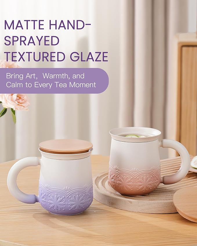 ZENS Tea Mug with Infuser and Lid for Loose Tea Diffusers, 12oz Purple | Embossed Ceramic Tea Cup with Infuser for Herbal Tea Steeper, Tea Lovers Gifts, Japandi Style Sunflower