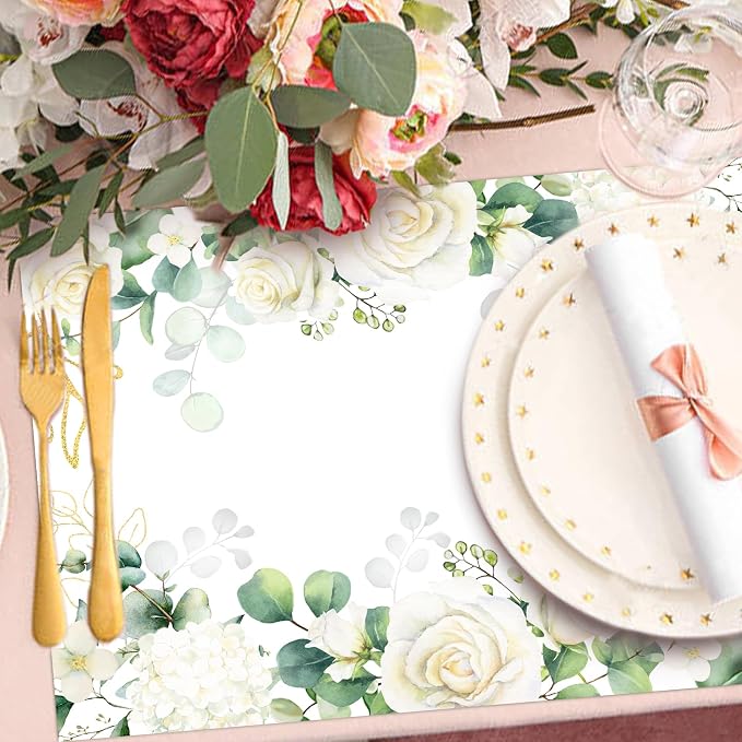 Paper Placemats Disposable 50 Pack Floral Placemat Disposable Place Mats | Spring Summer Decorative Wedding Anniversary Bride Birthday Party Supplies White Rose