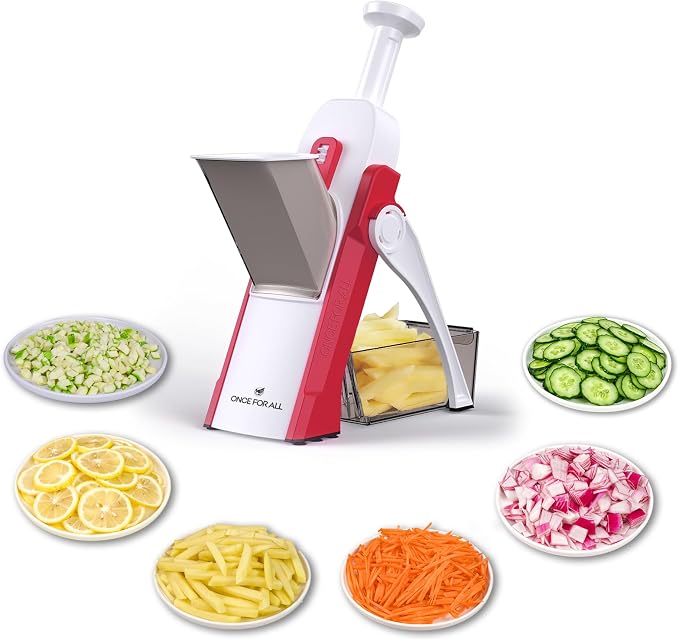 ONCE FOR ALL Safe Mandoline Slicer 5 in 1 Vegetable Cutter, Strips Julienne Dicer Adjustable Thickness 0.1-8 mm for Kitench Fast Meal Prep (Red) | Adjustable Thickness, Potato Slicer Veggie Chopper, Strips Julienne Dicer, French Fry Cutter, Dishwasher ...
