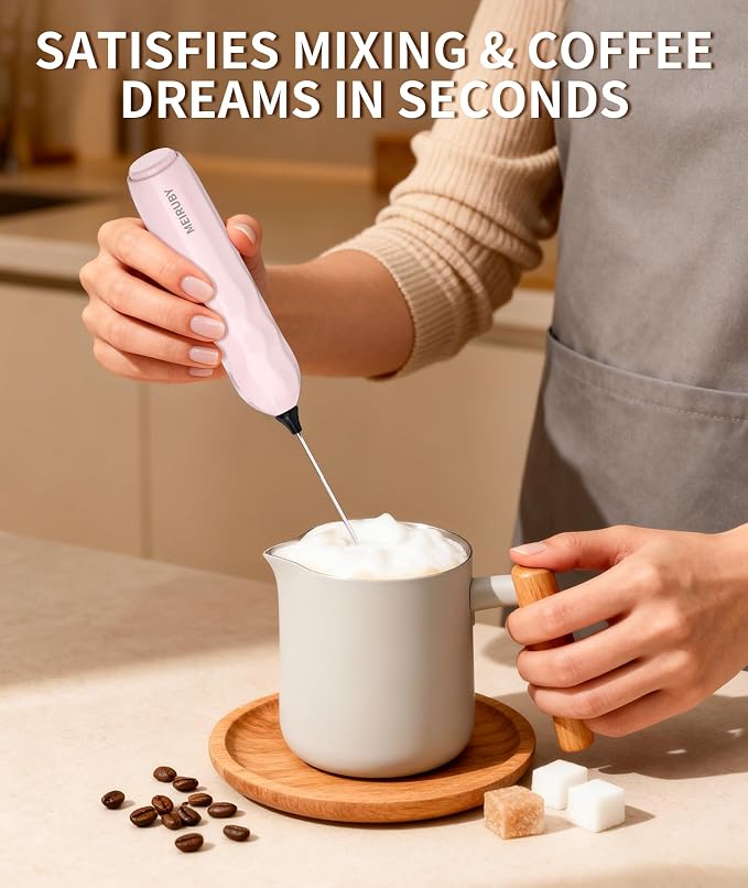 2-Pack Milk Frother Handheld with Stand, Valentines Day Gifts for Him and Her, Powerful Electric Coffee Frother, Coffee Lover Gift for Lattes, Cappuccino, Matcha & Hot Chocolate, White/Pink