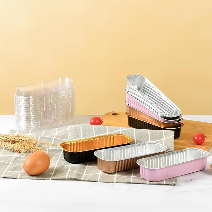 Findful Mini Loaf Baking Pans with Lids And Spoons (100 Pack, 6.8oz) Rectangle Aluminum Foil Baking Pans Tins Containers - Cupcake Containers Wrappers Cheesecake Creme Brulee Ramekins