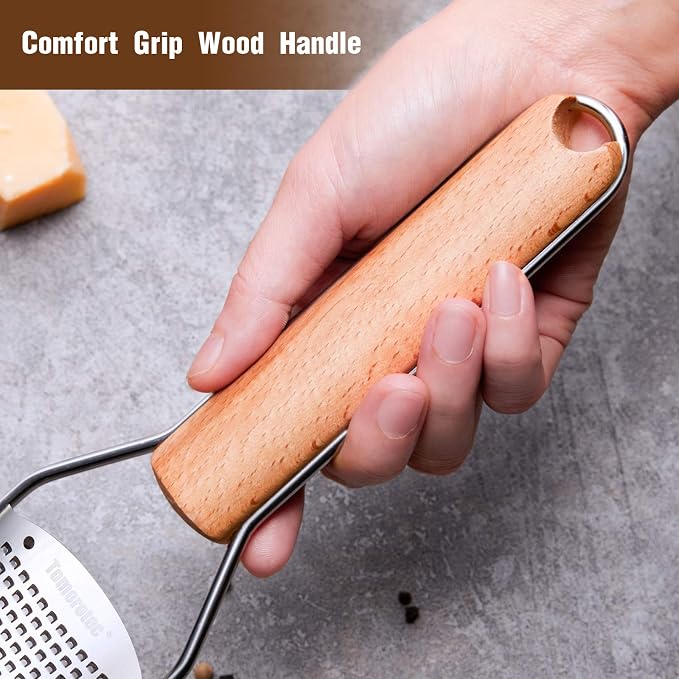 Tomorotec Stainless Steel Cheese Grater w/Wood Handle for Parmesan Cheese | Cheese Grater Zester for Lemon, Ginger, Cheese, Potato, Natural Wood Handle with Non-Slip Rubber Foot, 304 Stainless Steel