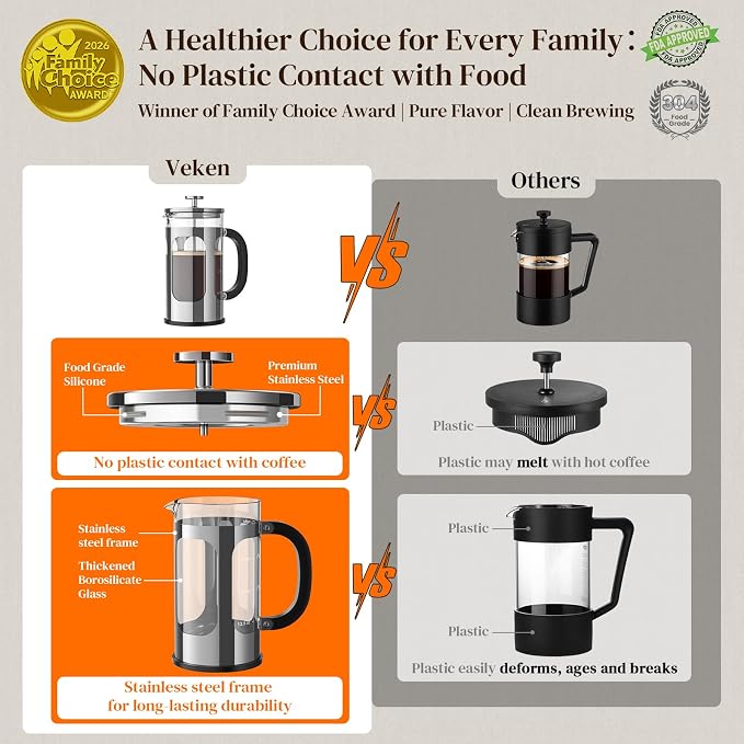 Veken French Press Coffee Maker,No Plastic Touching Cafe,34oz 1L Cafetera | Heat Resistant Thickened Borosilicate Glass Stainless Steel Brewer,Pot for Kitchen,Travel,Camping,Tea,Gifts,Silver